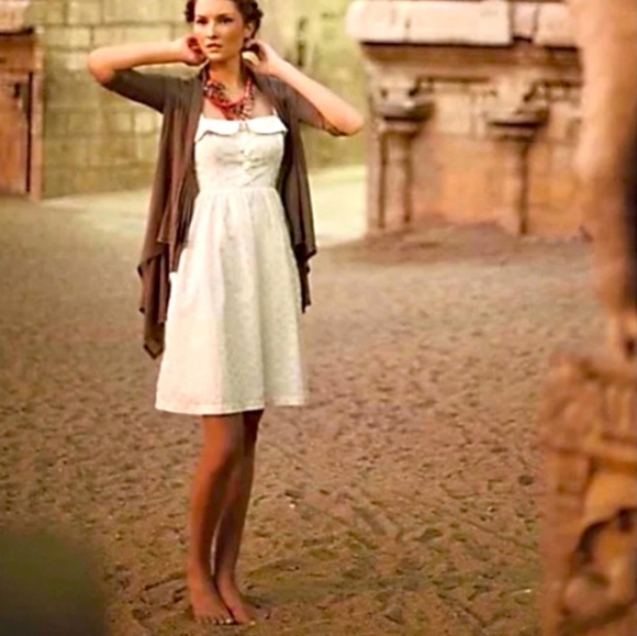 Maeve Dresses & Skirts - Maeve White Midi Dress with Brown Cardigan